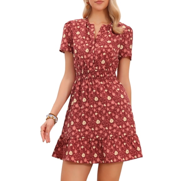 DARING DIVA Women's Tiered Dress V Neck Tent Smocked Waist Floral Dresses XS Dark Red
