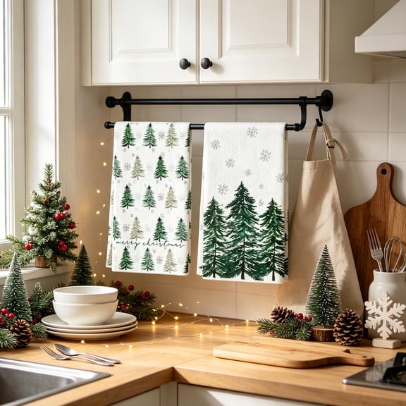 Aonerit Christmas Pine Tree Kitchen Towels Set,Xmas Themed Kitchen Dish Towels,Holiday Themed Decorative Hand Towel,For Home Kitchen Decor
