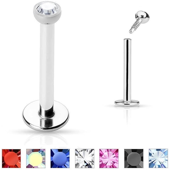 Lip Ring Flat Back With 4mm Pressure Fit Clear CZ Gem 1 Piece (16g) (TL/12) (16gx5/16"x4 (1.2mmx8mmx4mm)) 316L Surgical Steel Nickel free