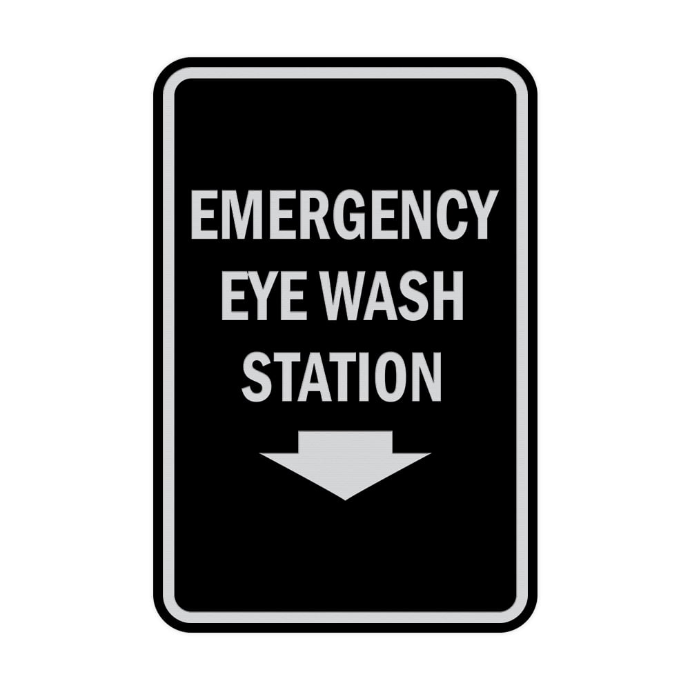 Portrait Round Emergency Eye Wash Station Sign (Black / Silver) Small