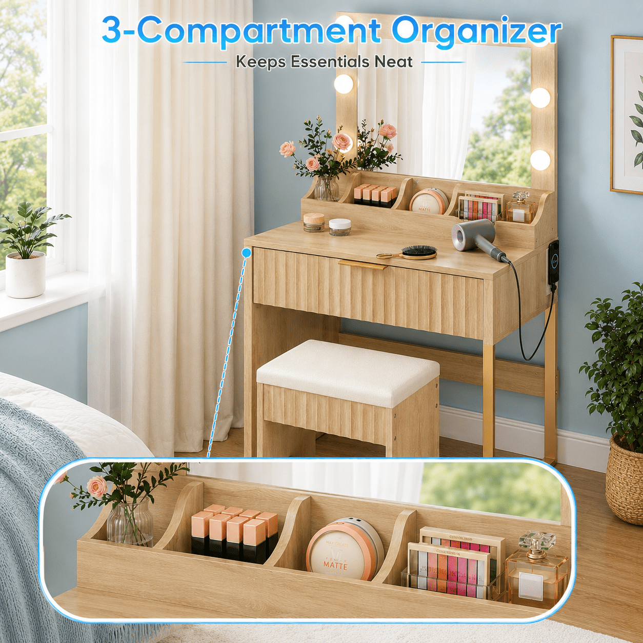 Ktaxon Flutted Makeup Vanity Table w/Stool, Dressing Desk with Charging Station, For Femal Gift, Wood Color