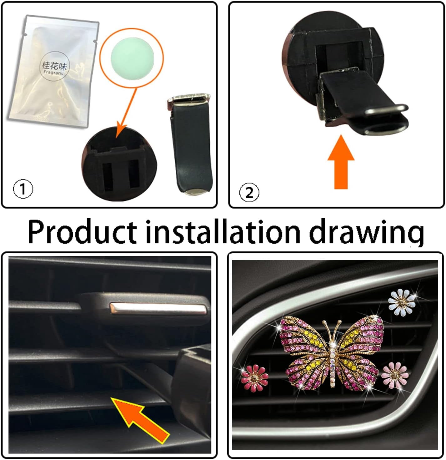 Glitter Butterfly Car Clip Interior Decoration, Cute Car Vent Clip Dashboard Decoration, Car Accessories Air Fragrance Vent Clip, Car Air Freshener Vent Clip, Girls Ladies Car Interior Decoration Cut