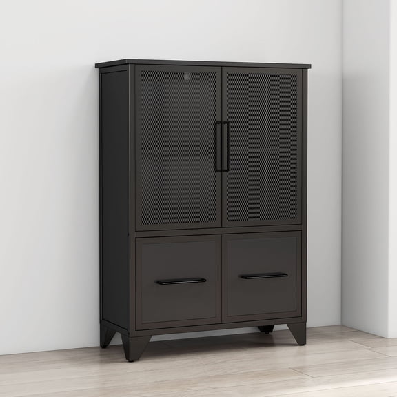 S-HOME Versatile Storage Cabinet Featuring 4 Iron Doors Adjustable Shelf Metal Frame For Kitchen Or Living Room, Black