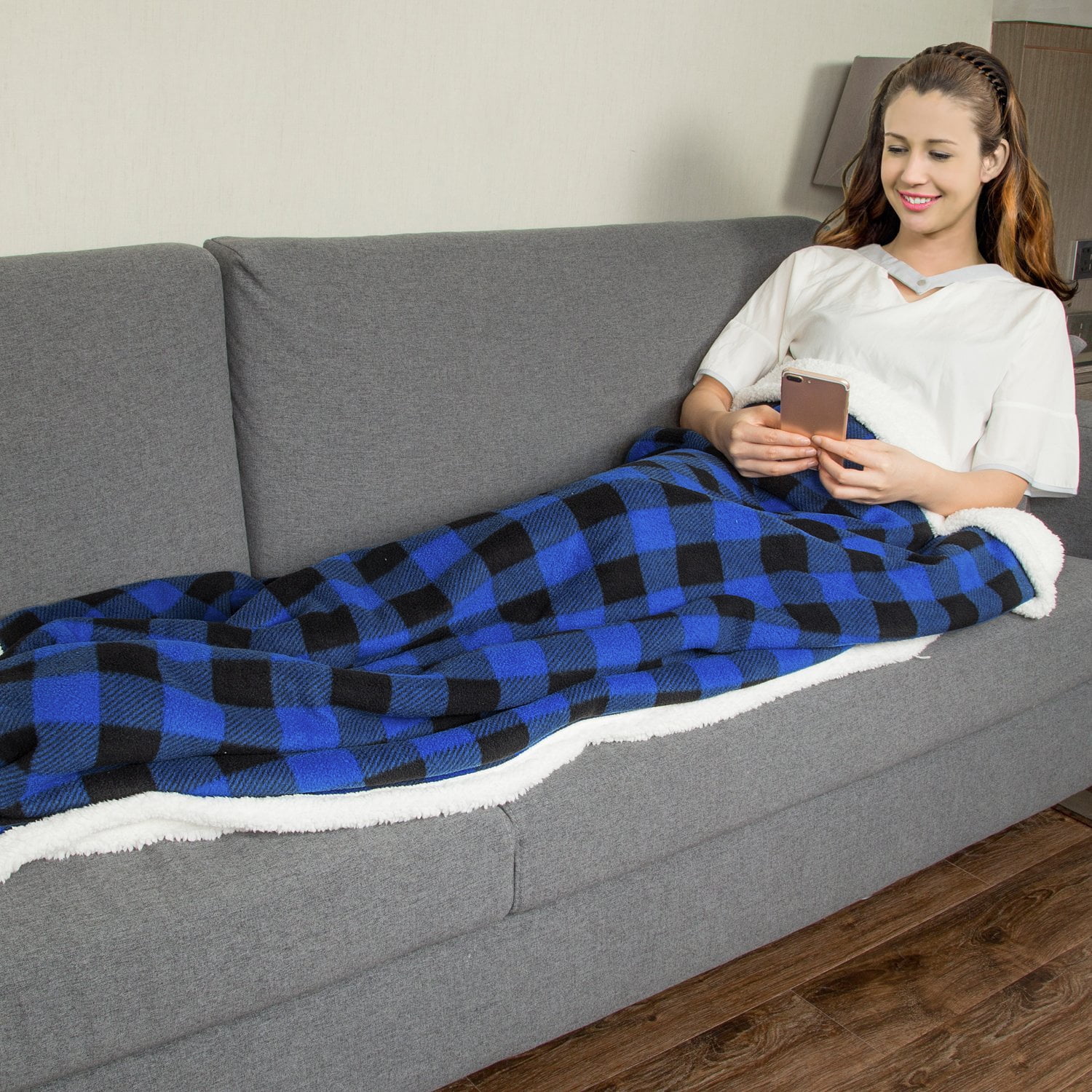 Catalonia Buffalo Plaid Sherpa Throw Blanket, Super Soft Reversible Fleece Blanket for Cabin Bed or Couch, Blue Plaid, 50"" x 60"".