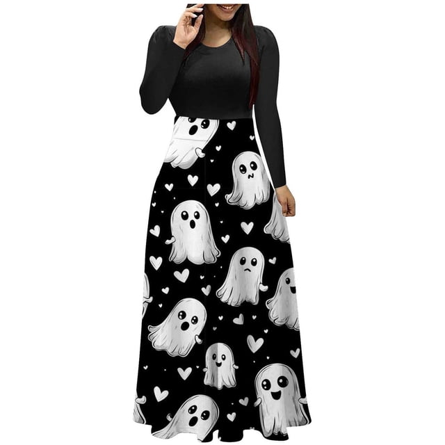 Enjoytime Robes Maxi pour Femmes Imprimé Mignon Col Rond Manches Longues Robes d'Automne Élégantes Vintage Halloween Gothique Robe Noire G