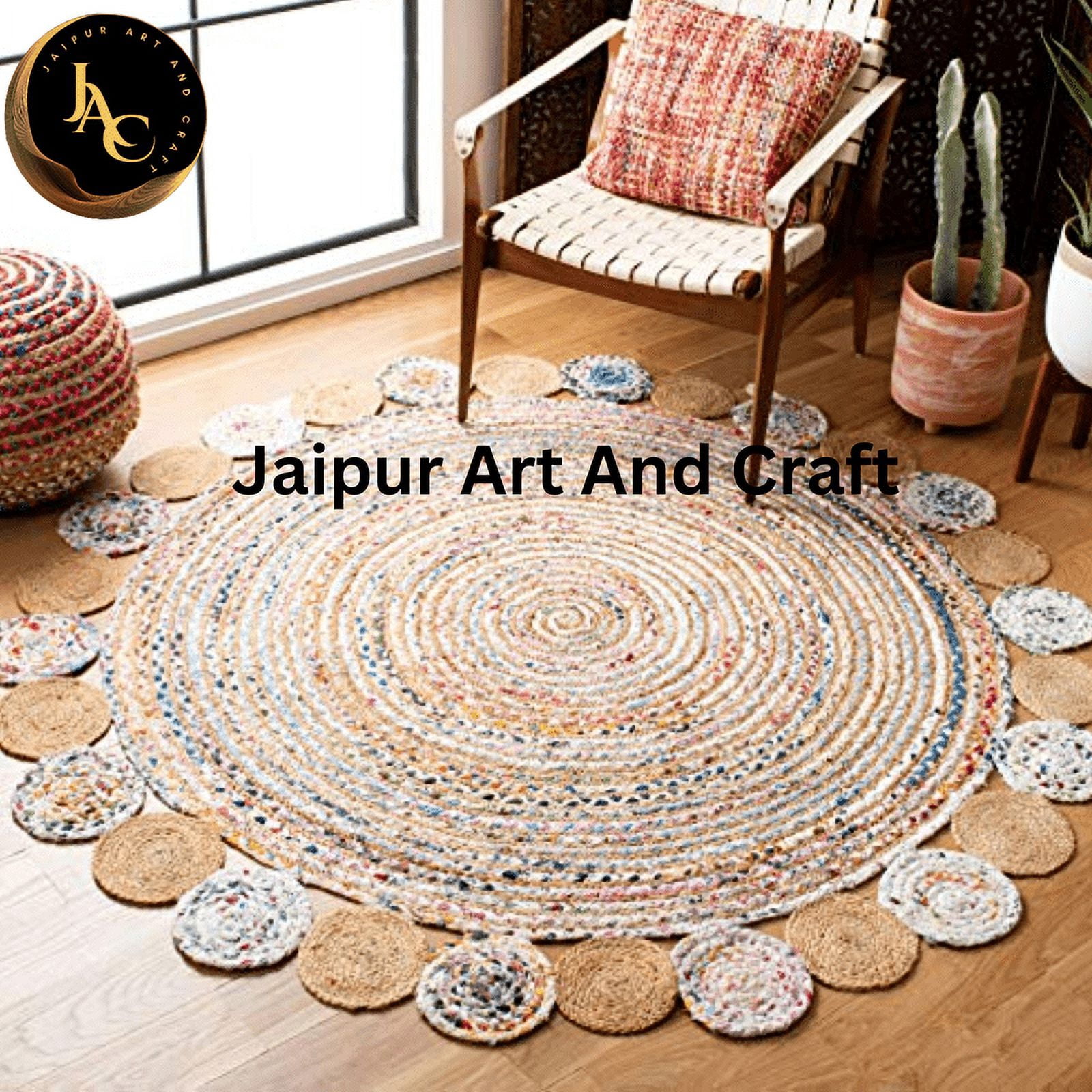 Jaipur Art And Craft Home Décor Jute and Cotton Round Handmade Reversible Carpet Braided Area Rug (4x4 Sq Ft)