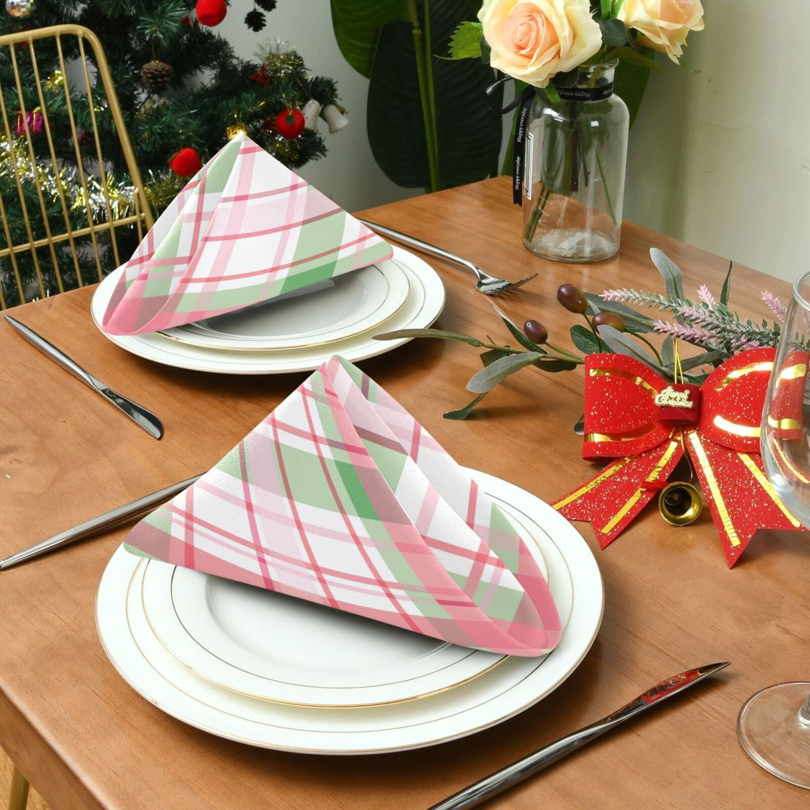 JSTEL Pink Checkered Grid Cloth Napkins Set of 6, 20x20 Inch Washable and Reusable Napkin for Decoupage Dinner Party Everyday Use