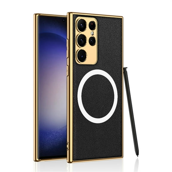 for Samsung Galaxy S23 Ultra Electroplated Magnetic PU Leather Case, Compatible with MagSafe Wireless Charging S Pen Holder TPU Bumper Shockproof Case for Samsung Galaxy S23 Ultra, Black
