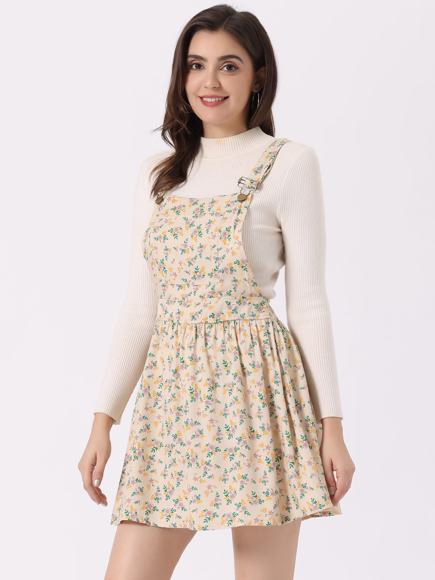 DARING DIVA Polka Dots Pattern Suspender Mini Overall Dress Skirt XS Beige-Floral