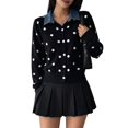 thumbnail image 2 of Women's Denim Collar Polka Dot Cropped Button Knit Sweater Jacket Cardigan Black S, 2 of 9