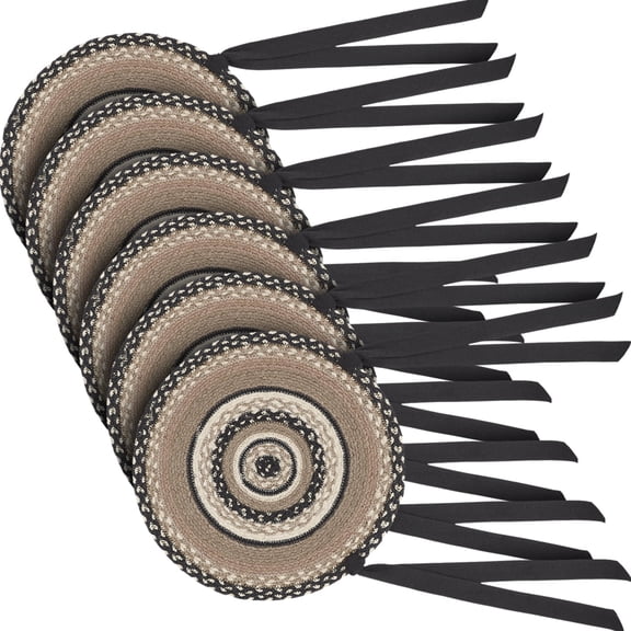 VHC Brands Sawyer Mill Charcoal Creme Jute Chair Pad with Ties, Set of 6, 15" Round