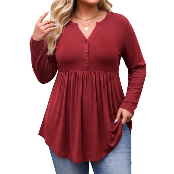 WellSize Plus Size Blouses for Women V Neck Curved Hems Tunic Tops Casual Long Sleeve Botton Fall Shirts