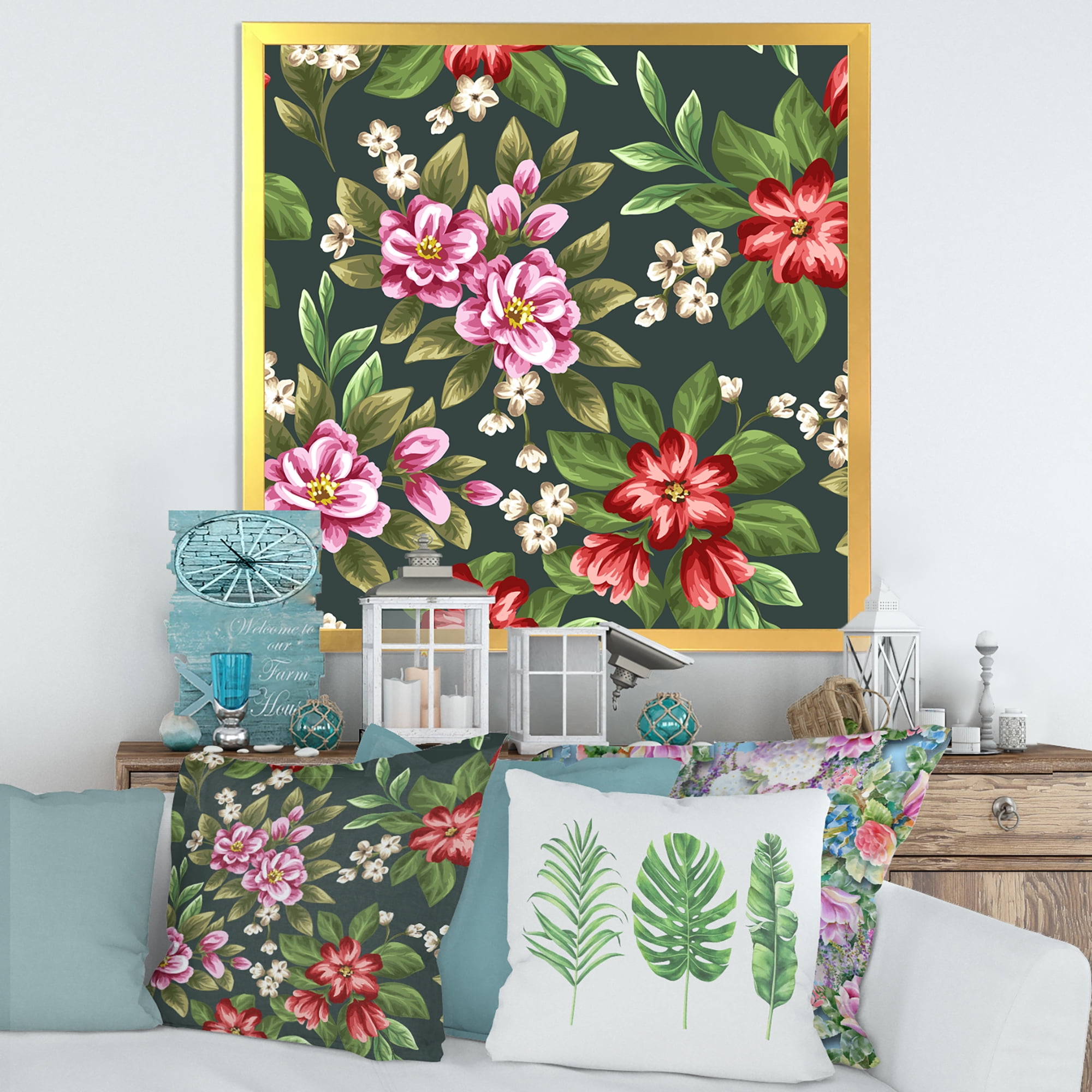 Designart 'Vintage Red and Pink Wildflowers I' Traditional Framed Art Print