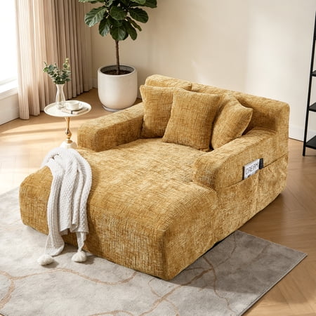 Homefun 61'' Oversized Chenille Chaise Lounge Chair,No Assembly Indoor Reading Sofa with 3 Pillows for Living Room Bedroom,Yellow
