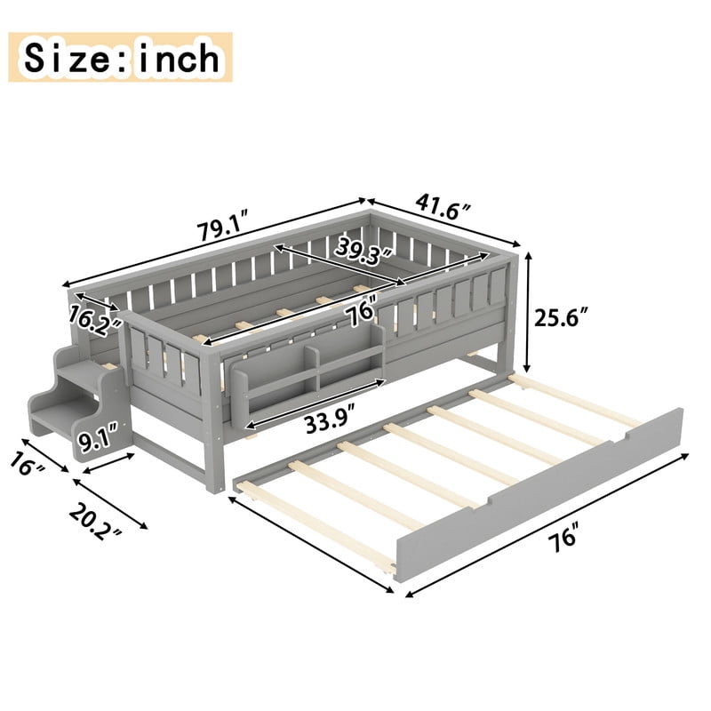 Bellemave Twin Bed with Trundle and Small Stairs, Twin Size Platform Bed Frame with Rail and Bookshelf, Wooden Montessori Floor Bed No Box Spring Needed, Gray