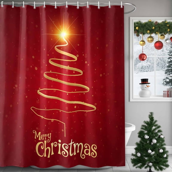 Merry Christmas Shower Curtains for Bathroom, Xmas Tree Abstract Gold Shinny Red Bottom Waterproof Fabric Shower Curtain for Bathroom Bathtub Decoration, Machine Washable, 60"x72"