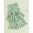 thumbnail image 4 of Loicainy Toddler Baby Girl Summer Clothes Set 6 12 18 24 Months 2T 3T 4T 5T Solid Color Bow Round Neck Tank Tops + Elastic Waist Ruffled Shorts 2 Pcs Outfits, 4 of 10