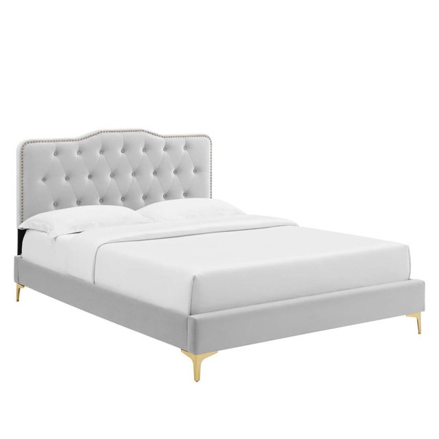Modway Lit Plateforme Simple en Velours de Performance Capitonné Ambre, Gris Pâle