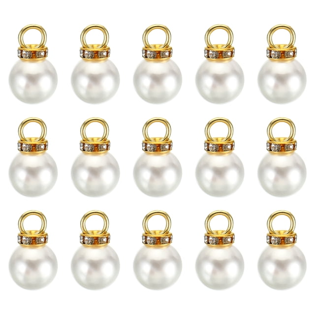 Unique Bargains Pendentifs Perles Factices 12 mm, Lot de 100 Perles Rondes Imitation Perle avec Strass, Blanc Doré