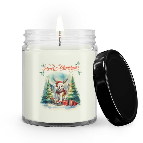 Merry Christmas Santa Reindeer Antlers Bulldog Sleigh Xmas Winter Holiday Soy Wax Candle Dog Lover Gifts Idea 9oz White Birch & Black Pepper Candle - 00023