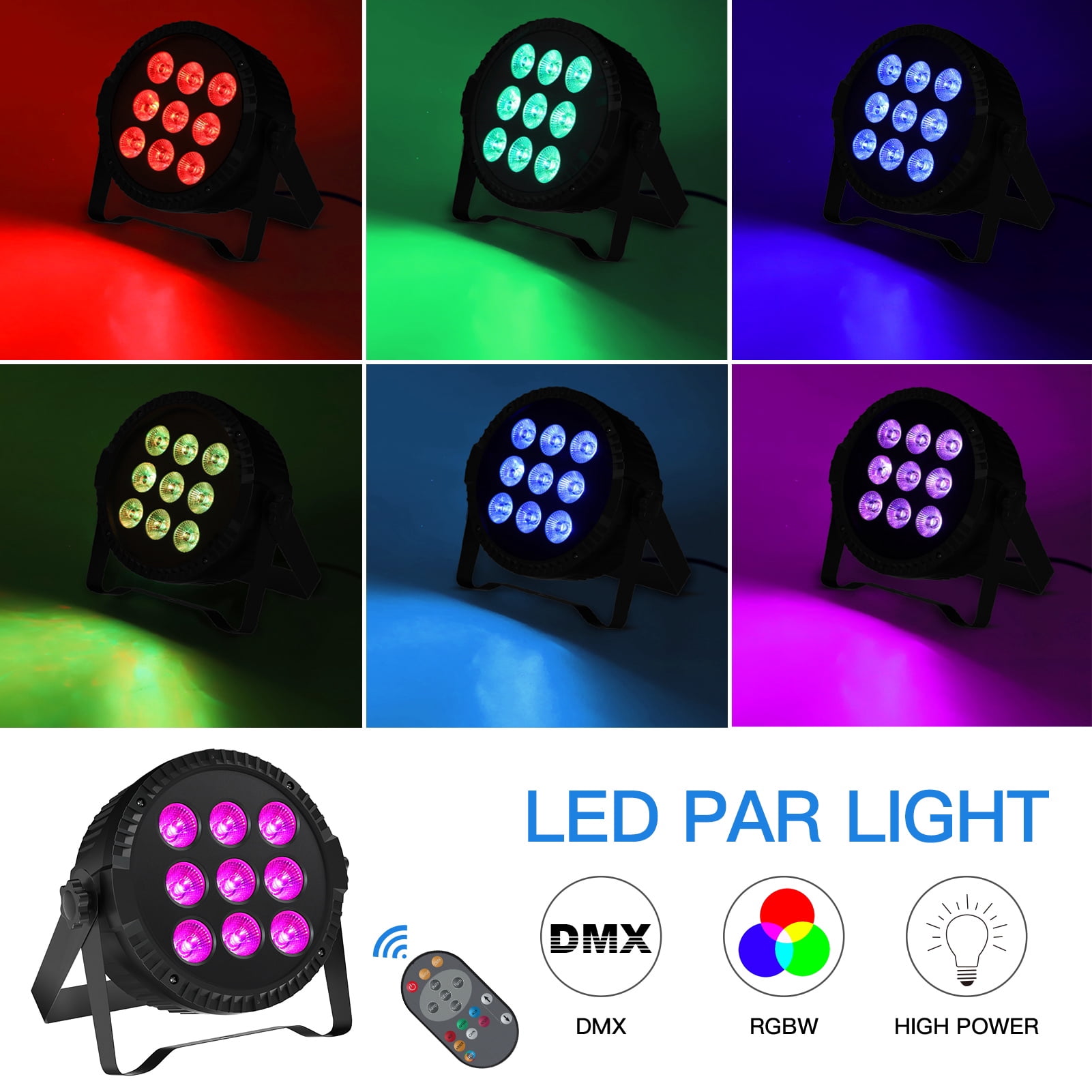 JAJALUYA Round 8-Pack RGBW 4in1 9LED DJ Par Light w/ Remote & DMX for Weddings/Stage