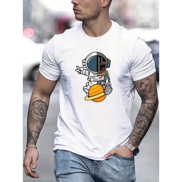 Camiseta creativa con estampado gráfico de astronauta de dibujos animados para hombre, camiseta informal de manga corta con cuello redondo, ropa para exteriores de verano.