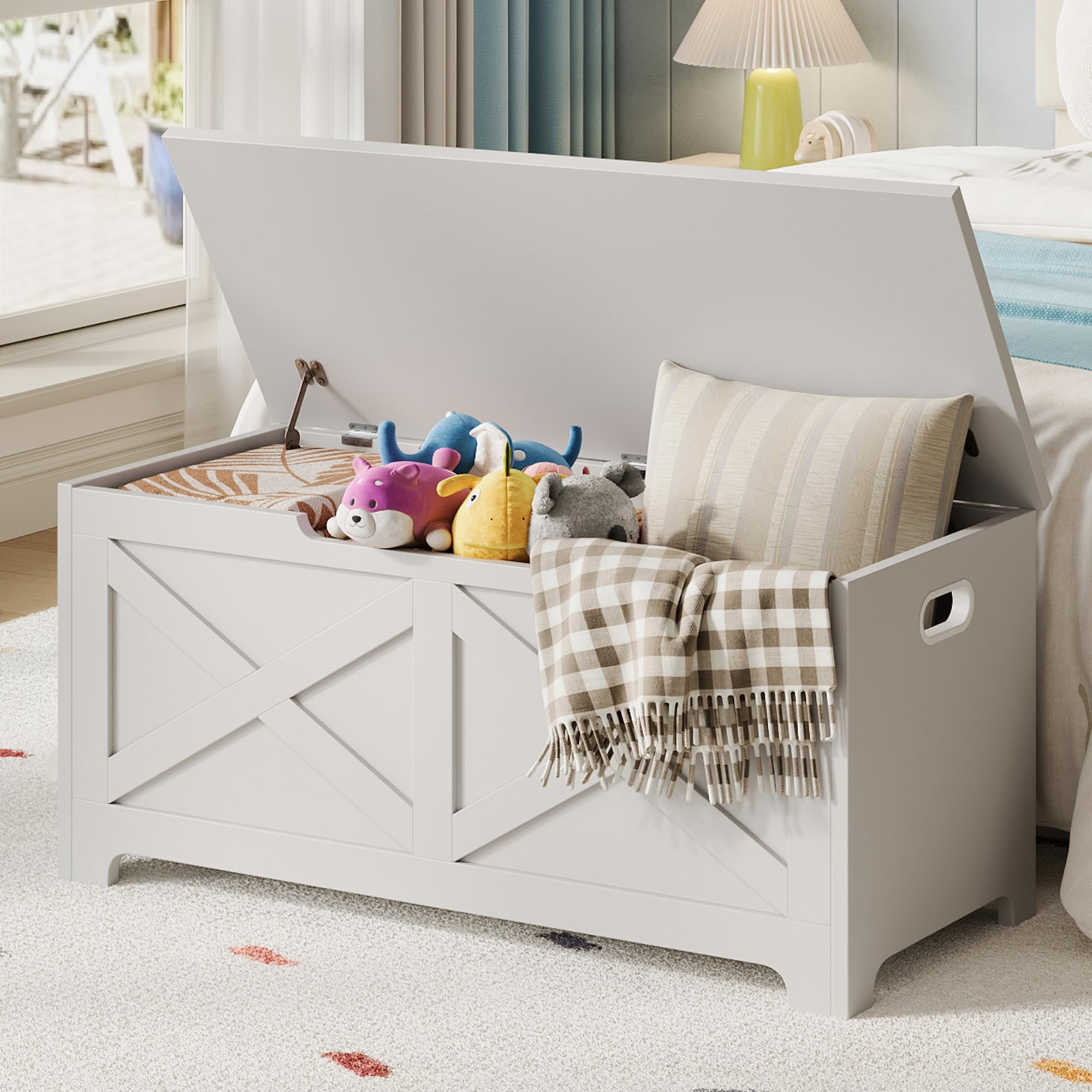 Juiluna 39.4" Storage Chest, Wooden Storage Bench with Safety Hinges, Easy Assembly, Large Toy Chest for Entryway, Living Room, Bedroom