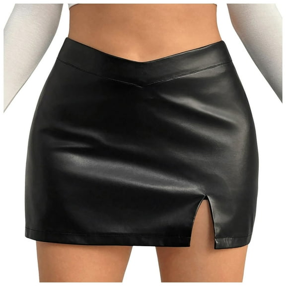 Riforla Women's Plus Size Skinny PU Leather V Waist Mini Pencil Skirts with Split Skirts for Women Black S