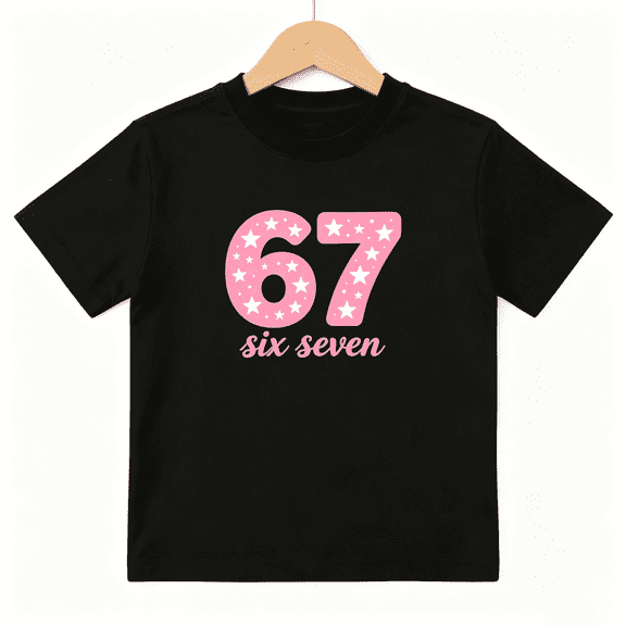 Number 67 Six Seven Star Girls Graphic Tee, Cute Pink Birthday 100% Cotton Kids Short Sleeve T-Shirt 4-13Y