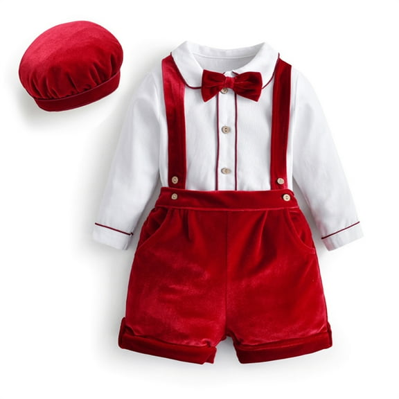 iiniim Baby Boys Christmas Red Tuxedo Outfit Button Down Shirt with Velvet Suspenders Shorts Bowtie Set