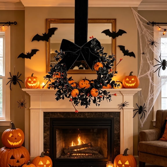 Halloween Black Leaf Wreath with Velvet Bow and Mini Pumpkins, Spooky Hanging Decor for Front Door Wall 9in