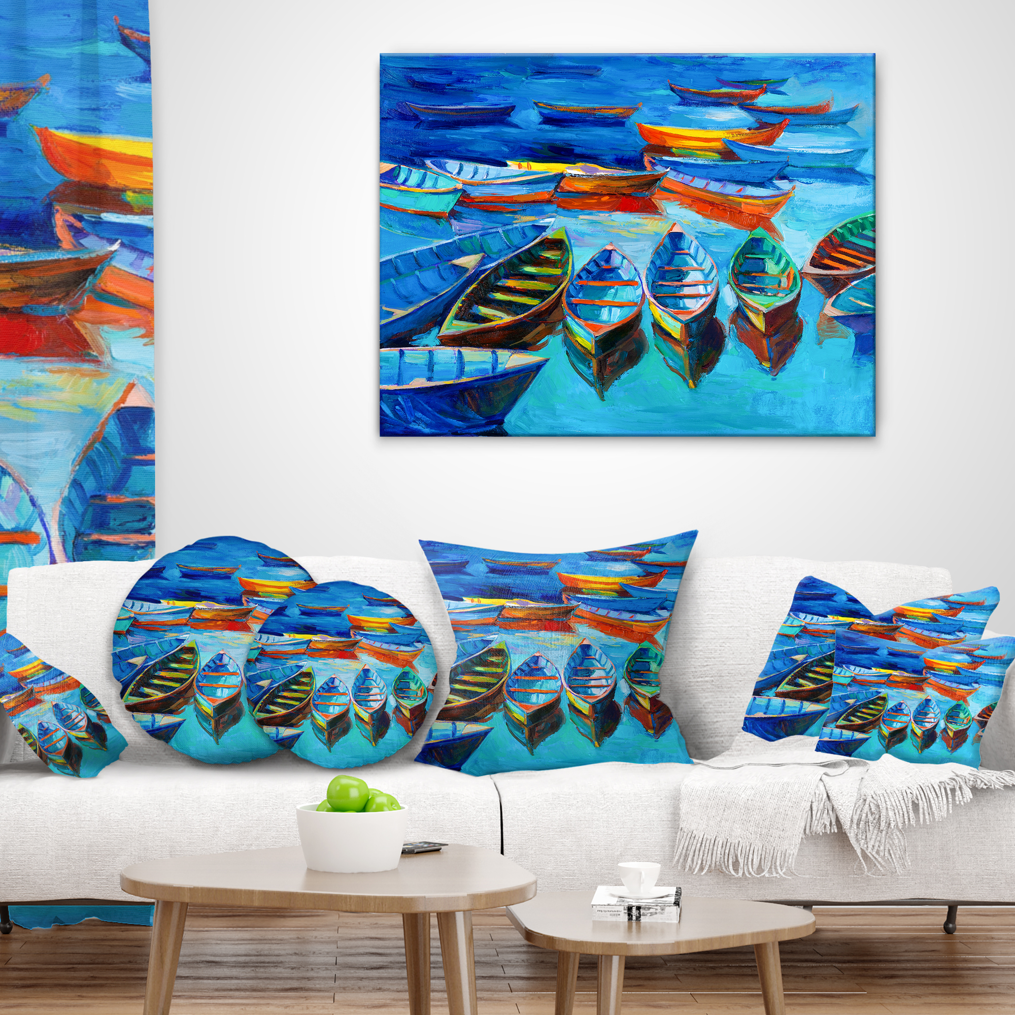 Designart Boats in Blue Sea - Seascape Throw Pillow - 16x16