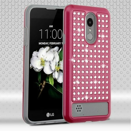 LG Phone case Hybrid Rubber Studded Rhinestone Crystal Bling Shock Absorbing Rugged TPU Hard PC Diamonds Fashion PINK Case Cover for LG Aristo 2 / Zone 4 / Fortune 2 / Risio 3 / K8 / K8 Plus (2018)