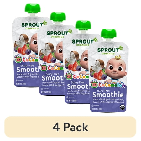(4 pack) CoComelon Sprout Organics Toddler Food, Organic Berry Grape Dairy Free Smoothie, 4 oz Pouch