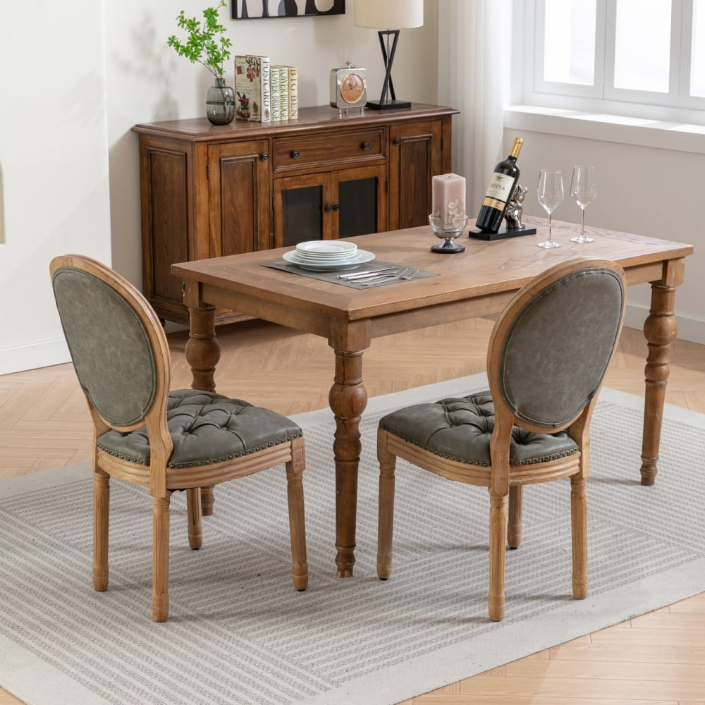 French Style Dining Chairs Set of 2, Solid Wood Upholstered Side Chairs with Tufted PU Leather, Nailhead Trim, Oval Back, Olive Green