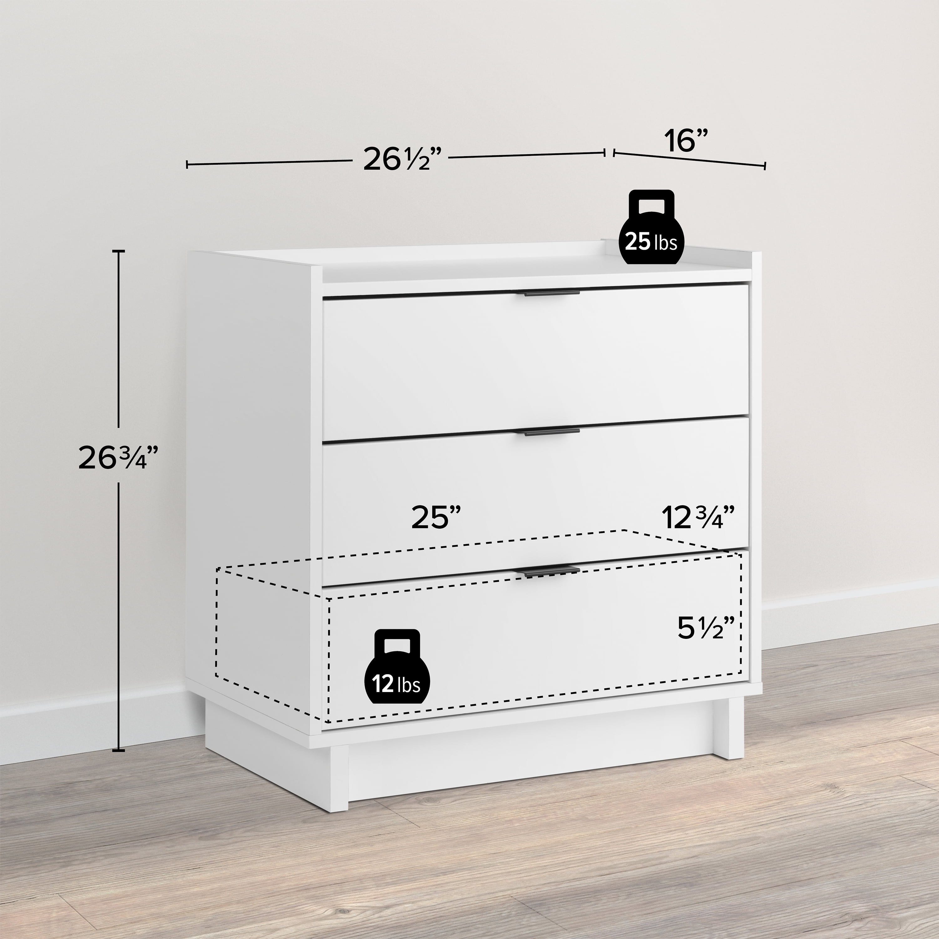Prepac Simply Modern Nightstand Bedside Table, White Nightstand for Bedroom, End Table with 3 Drawers 26.5" W x 26.75" H x 16" D, WDNR-1803-1