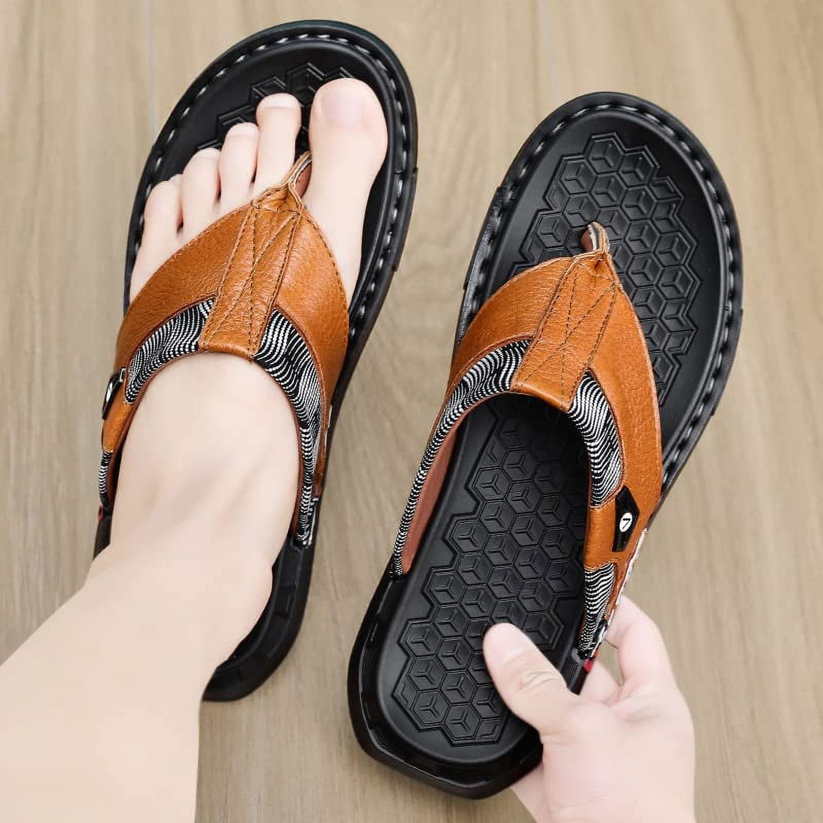 Flip Flops Men Thong Sandals Casual Leather Slippers/Summer Arch Support  Beach Shoes/Walking Surfing Boating Swimming Pool,Brown-42EU