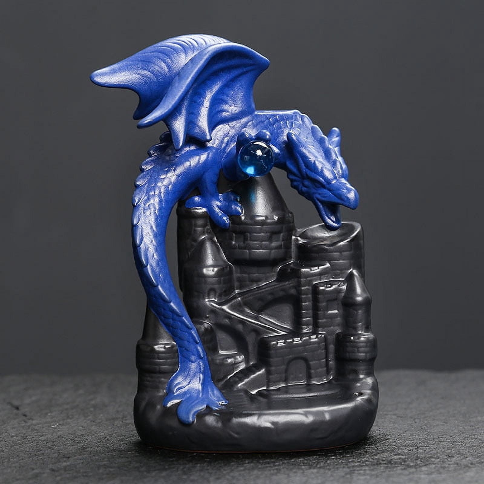 Ceramic Backflow Incense Burner Creative Tower Fragrance Pterosaur Castle Viewing Smoke Reflux Incense Holder Home Decoration (Blue)