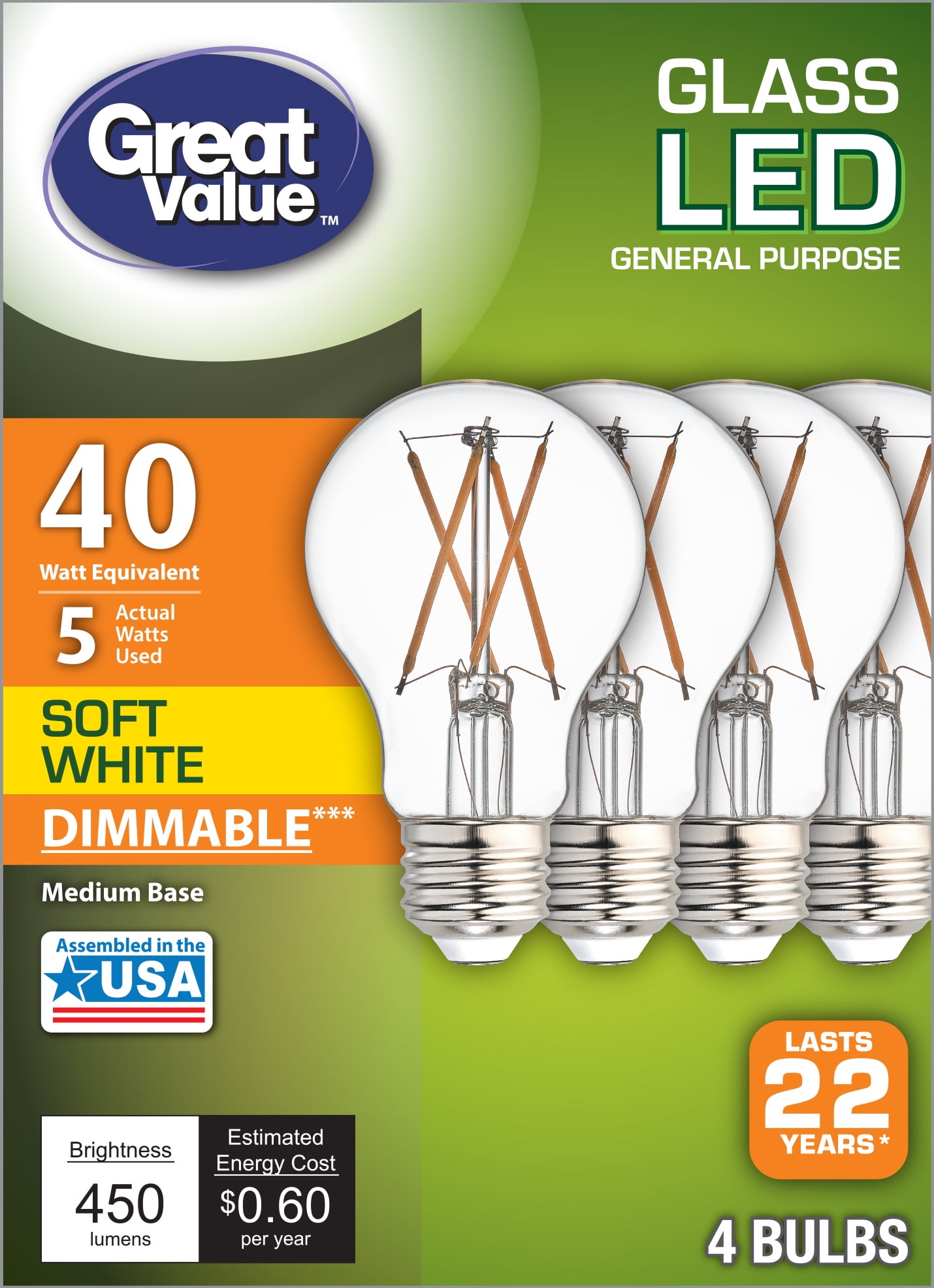 Great Value LED Soft White 5-Watt (40W Equivalent) Replacement General Purpose A15 Light Bulbs, 4pk