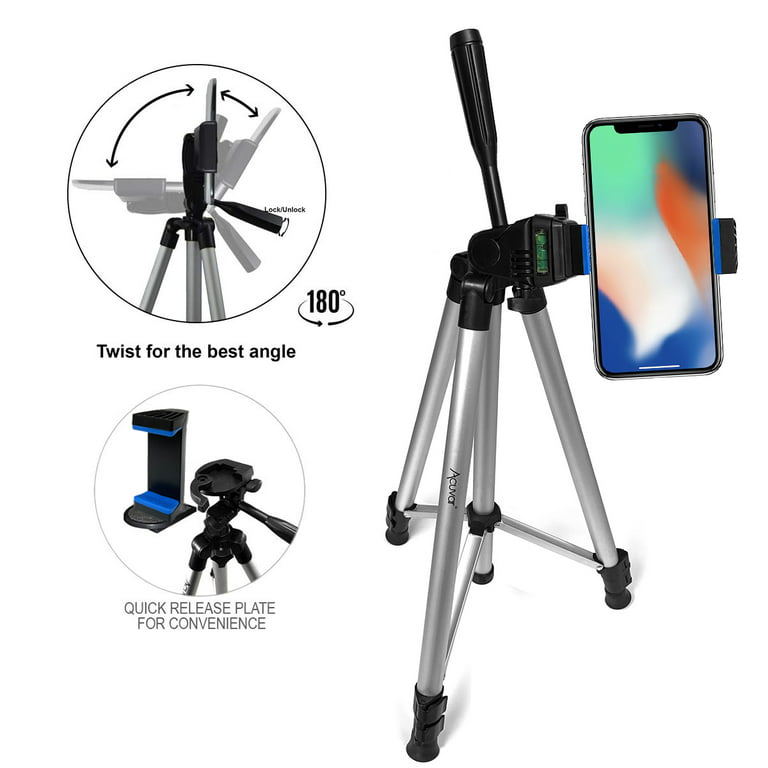 Acuvar 50 Inch Aluminum Camera Tripod with Universal Smartphone Mount +  Bluetooth Wireless Remote Control Camera Shutter For all iPhone, Samsung  and
