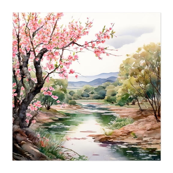 Cherry Blossom Stream - Painting Watercolor Cherry Blossoms Landscape Nature Scenic Floral Unframed Wall Art Print 6 x 6 inches