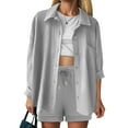 thumbnail image 4 of felwors Women's 2 Piece Outfits Long Sleeve Button Down Shirts and Shorts Set Casual 2 Piece Sets Summer Oversized Tracksuit(Light Gray, XXL), 4 of 8