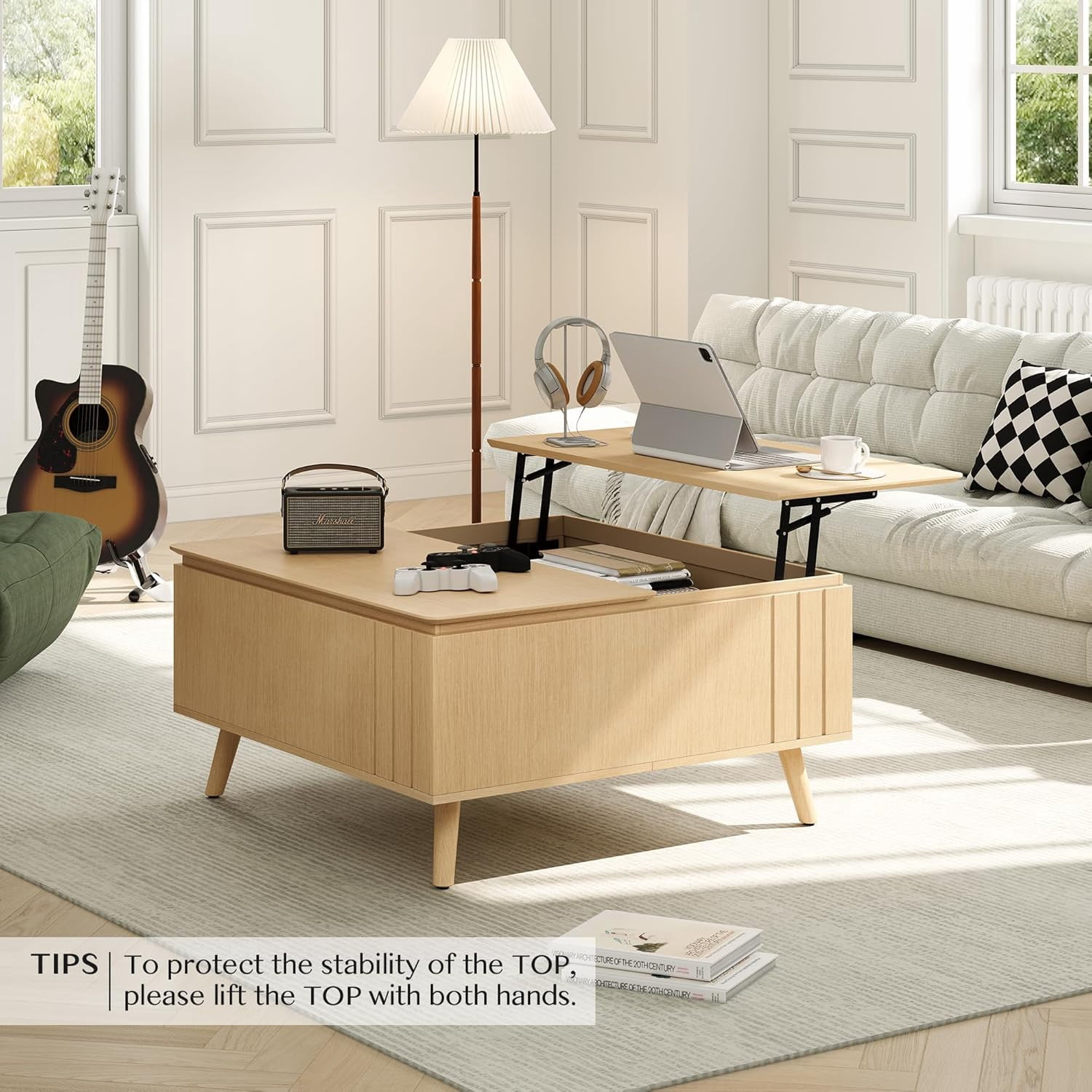 JOINICE Mid Century Modern Coffee Table Lift Top Fluted Center Table for Living Room Multi-Function 35”, Oak