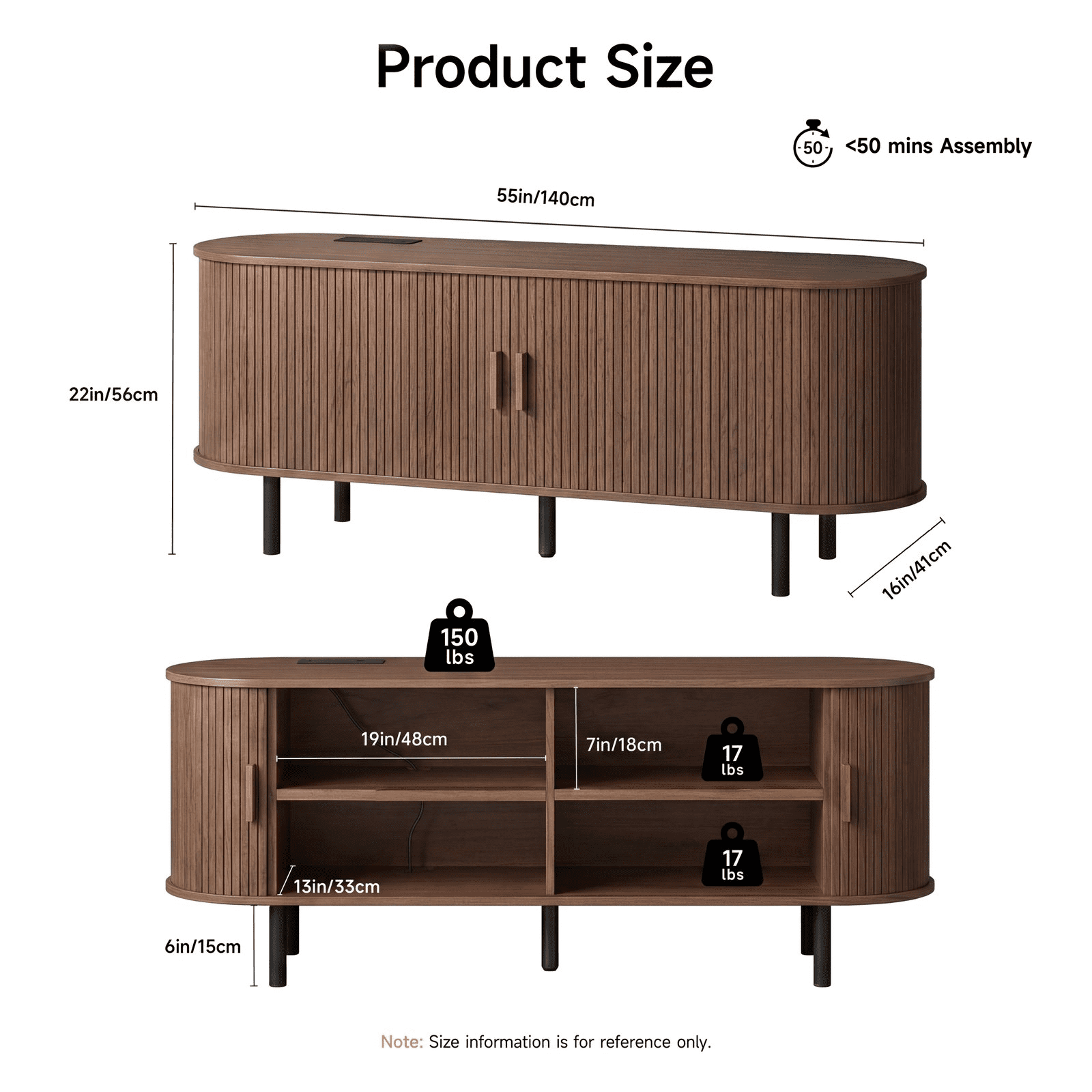 55 Inch TV Stand with Built-in Power Outlet, Compatible with TVs Up to 60 Inches, Modern Entertainment Center with Adjustable Shelves, Storage Space, and Sliding Doors, Walnut