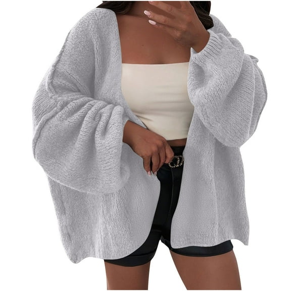XPMWRP Women's Solid Color Oversized Casual Cardigans Long Sleeve Open Front Soft Knit Sweater Fall Winter Outwear with Pockets Gray L