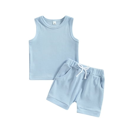 

Zervatek Infant Boys Girls Summer Clothes Outfits Solid Color Crew Neck Sleeveless Tank Tops T-Shirts and Elastic Waist Shorts 2Pcs Suit