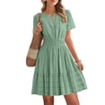 thumbnail image 4 of cocolona Womens Short Sleeve V-Neck Elastic Waist Dresses Summer Casual Solid Color Pleated Mini Dress Vacation Beach Sun Dress, 4 of 7