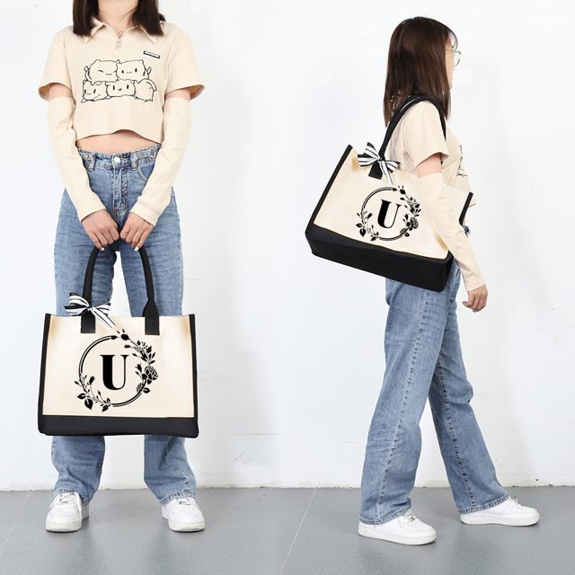 Bolsa Bolso de lona Letras Flor Portátil Playa Hombro de compras (U) Tmvgtek Para estrenar