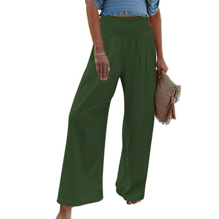

vbnergoie High Waist Wide Leg Palazzo Lounge Pants For Women Smocked Elastic Waist Loose Comfy Casual Pajama Pants Pockets Womens Work Bottoms Womens Fleece Pants