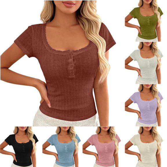 Lcziwo Womens Henley Summer Shirts Short Sleeve Square Neck Y2K Blouses Lace Trim Slim Fitted Casual Trendy Tops Pink,M